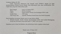 Bentuk Kepanikan Kepala OJK Perwakilan Akan Surat Aksi Demo FPMPA Ke Polresta Banda Aceh.