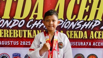 Siswa SD Negeri 54 Banda Aceh Alif Ramadhan Raih Medali Perunggu di Kejuaraan Taekwondo Piala Sekda Aceh.
