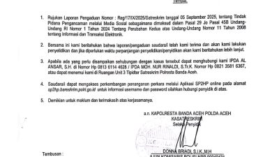 Penyidik Polresta Banda Aceh Janji Tangani Secepatnya Laporan Dugaan Tindak Pidana Pengancaman Oleh Terpidana KDRT.