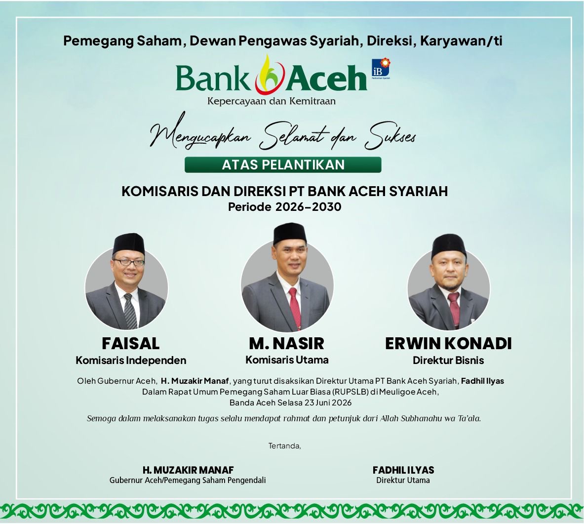 Pelantikan Komisaris dan Direksi PT Bank Aceh Syariah