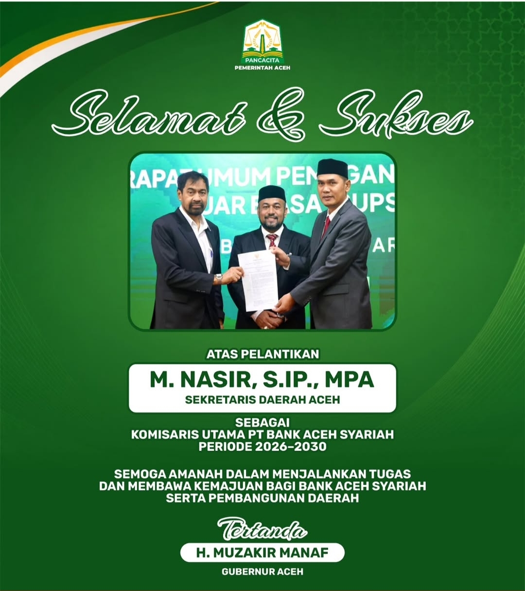 Pelantikan Setda Aceh sebagai Komisaris PT Bank Aceh Syariah