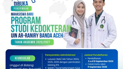 Pendaftaran Seleksi Prodi Kedokteran di UIN Ar-Raniry di Mulai 12 September 2026.